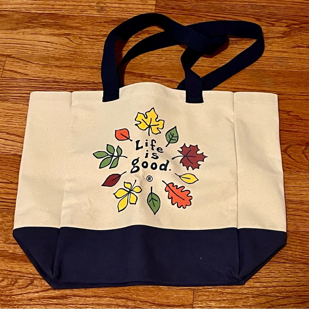 Life Is Good Tote Bag - Cream and Navy with Leaf Design